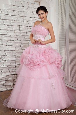 Hand Flower Baby Pink Long Prom Dress A-line Strapless Beading