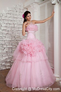 Hand Flower Baby Pink Long Prom Dress A-line Strapless Beading