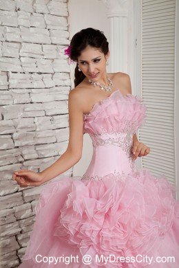 Hand Flower Baby Pink Long Prom Dress A-line Strapless Beading