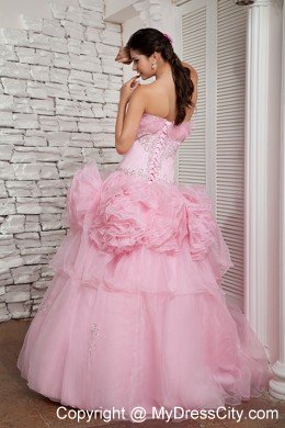 Hand Flower Baby Pink Long Prom Dress A-line Strapless Beading