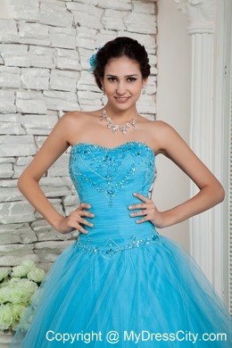 A-line Prom Dress Aqua Blue Beaded Sweetheart Floor-length Tulle