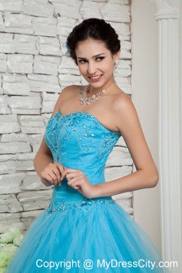 A-line Prom Dress Aqua Blue Beaded Sweetheart Floor-length Tulle