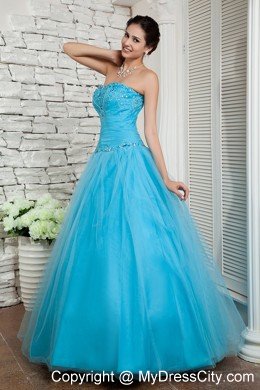 A-line Prom Dress Aqua Blue Beaded Sweetheart Floor-length Tulle