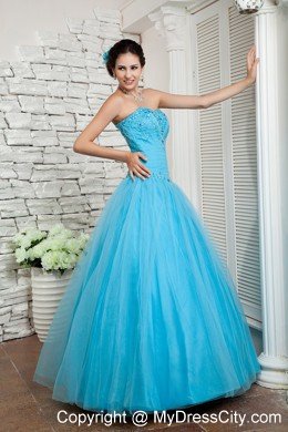 A-line Prom Dress Aqua Blue Beaded Sweetheart Floor-length Tulle