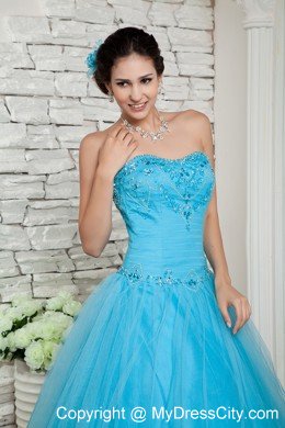 A-line Prom Dress Aqua Blue Beaded Sweetheart Floor-length Tulle