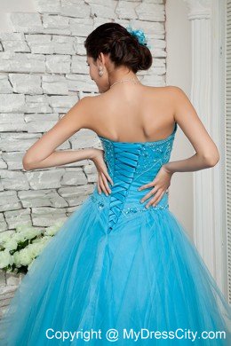 A-line Prom Dress Aqua Blue Beaded Sweetheart Floor-length Tulle