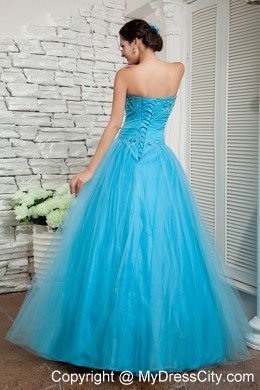 A-line Prom Dress Aqua Blue Beaded Sweetheart Floor-length Tulle