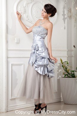 Ankle-length Lilac Column Strapless Beaded Prom Dress Hand Flower