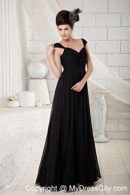 Black Empire V-neck Chiffon Beading Floor-length with Cap Sleeves