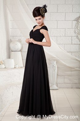 Black Empire V-neck Chiffon Beading Floor-length with Cap Sleeves