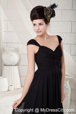 Black Empire V-neck Chiffon Beading Floor-length with Cap Sleeves