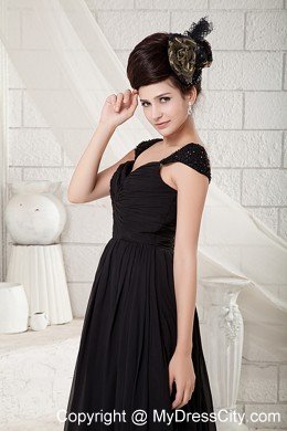 Black Empire V-neck Chiffon Beading Floor-length with Cap Sleeves