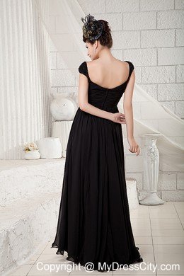 Black Empire V-neck Chiffon Beading Floor-length with Cap Sleeves