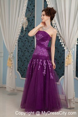 Purple Column Strapless Prom Dress Embroidery Floor-length Tulle