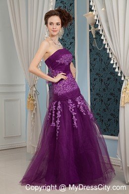 Purple Column Strapless Prom Dress Embroidery Floor-length Tulle