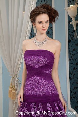 Purple Column Strapless Prom Dress Embroidery Floor-length Tulle