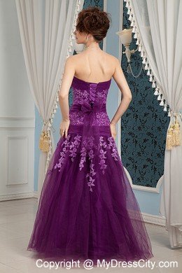 Purple Column Strapless Prom Dress Embroidery Floor-length Tulle