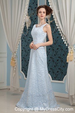 Light Blue Lace Square Neckline Prom Dress with Brush Train