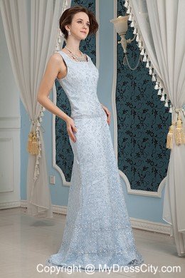 Light Blue Lace Square Neckline Prom Dress with Brush Train