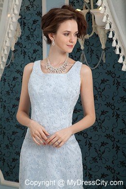 Light Blue Lace Square Neckline Prom Dress with Brush Train