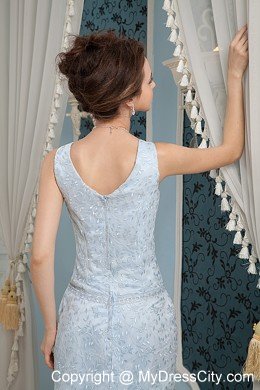 Light Blue Lace Square Neckline Prom Dress with Brush Train