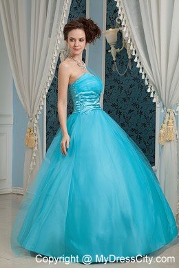 A-line One Shoulder Sky Blue Prom Dress Appliques Floor-length