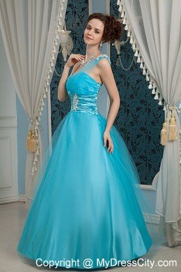 A-line One Shoulder Sky Blue Prom Dress Appliques Floor-length