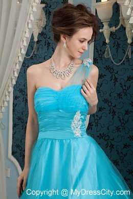 A-line One Shoulder Sky Blue Prom Dress Appliques Floor-length