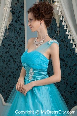 A-line One Shoulder Sky Blue Prom Dress Appliques Floor-length