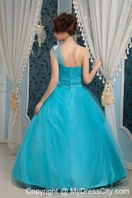 A-line One Shoulder Sky Blue Prom Dress Appliques Floor-length