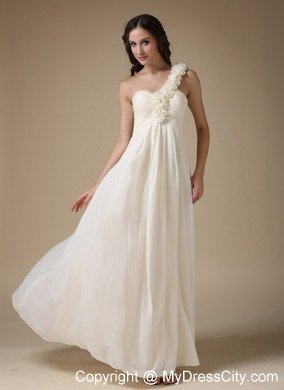 White One Shoulder Empire Prom Chiffon Hand Flowers Floor-length