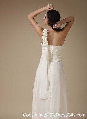 White One Shoulder Empire Prom Chiffon Hand Flowers Floor-length