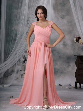 High Slit Chiffon Straps Ruching Watermelon Prom Dresses for Women