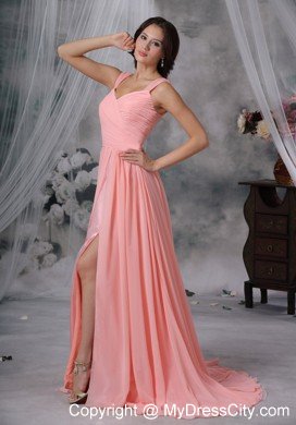 High Slit Chiffon Straps Ruching Watermelon Prom Dresses for Women