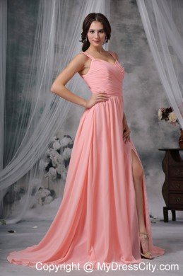 High Slit Chiffon Straps Ruching Watermelon Prom Dresses for Women