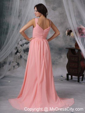 High Slit Chiffon Straps Ruching Watermelon Prom Dresses for Women