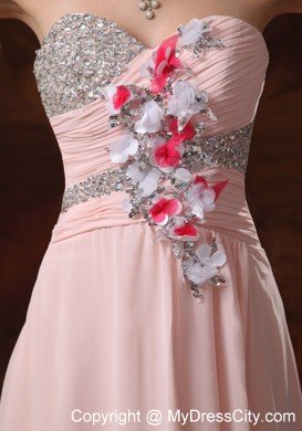 Beaded Ruching Flowers Sweetheart Baby Pink Prom Dresses