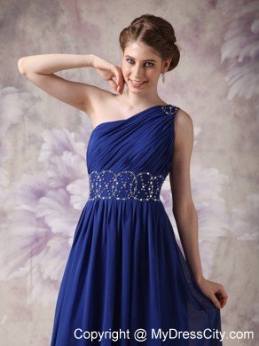 Empire One Shoulder Ruching Navy Blue Chiffon Beading Prom Dresses