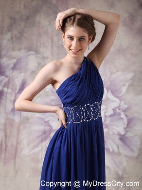 Empire One Shoulder Ruching Navy Blue Chiffon Beading Prom Dresses