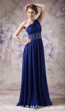 Empire One Shoulder Ruching Navy Blue Chiffon Beading Prom Dresses