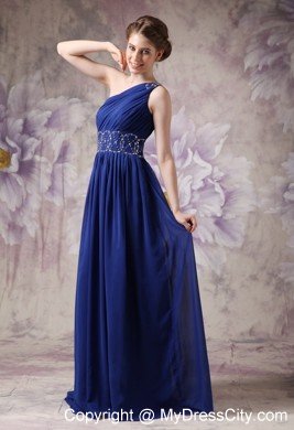 Empire One Shoulder Ruching Navy Blue Chiffon Beading Prom Dresses