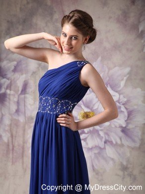 Empire One Shoulder Ruching Navy Blue Chiffon Beading Prom Dresses