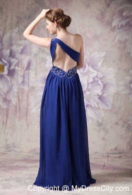 Empire One Shoulder Ruching Navy Blue Chiffon Beading Prom Dresses