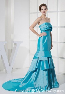 Ruffled Layers Mermaid Strapless Court Train Prom Dresses with Ruching