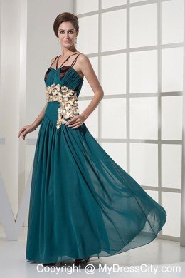 Turquoise Floral Embellishment Chiffon Prom Dress with Cool Neckline