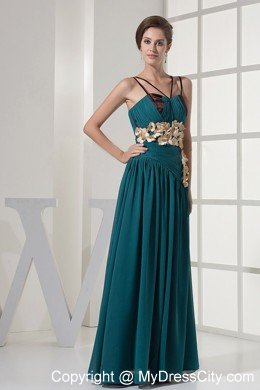 Turquoise Floral Embellishment Chiffon Prom Dress with Cool Neckline