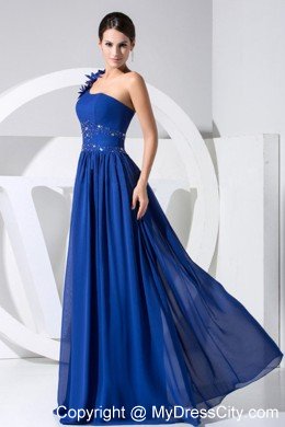 Flowers One Shoulder Beaded Blue Chiffon 2013 Prom Dresses