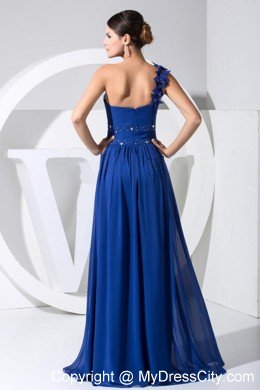 Flowers One Shoulder Beaded Blue Chiffon 2013 Prom Dresses