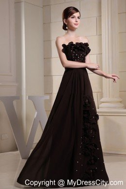 Flowers Strapless Beaded Brown Chiffon Prom Dresses for Cheap