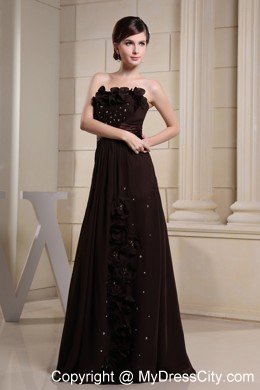 Flowers Strapless Beaded Brown Chiffon Prom Dresses for Cheap